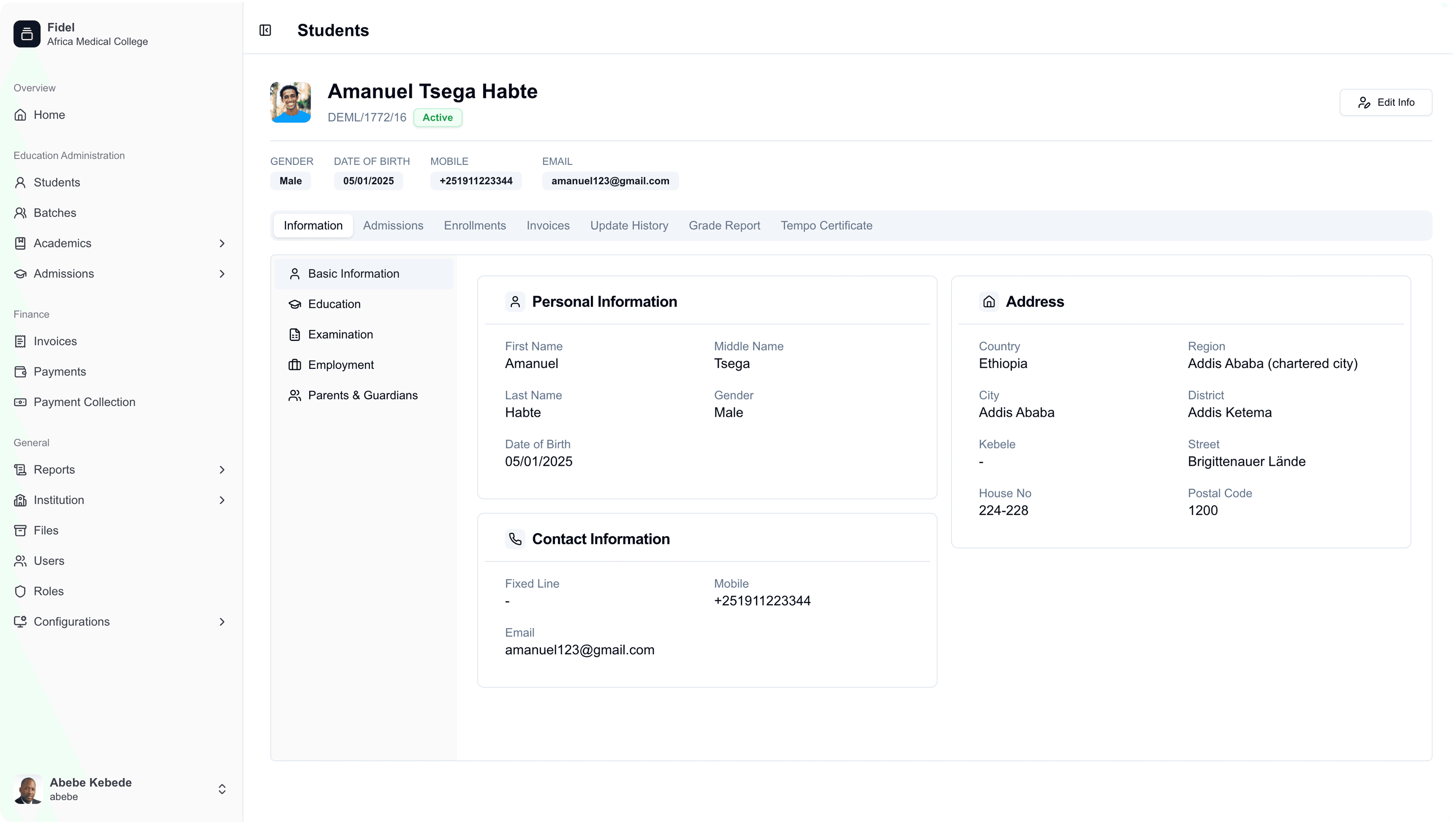 Fidel School Management System Dashboard